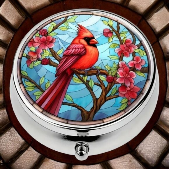Red Cardinal Bird Pill Box Medicine Mini Stainless Steel Case Mirrored Travel - Picture 2 of 7